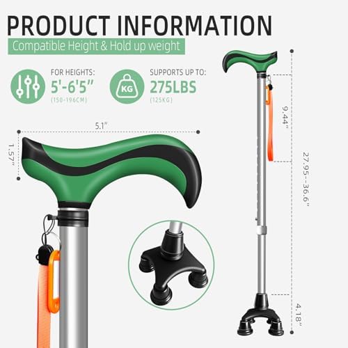DEOMAi Quad Cane Self Standing Adjustable Walking Cane for Men Women Seniors with Comfort Grip Handle 360° Pivoting Cane for All-Terrain Lightweight & Durable