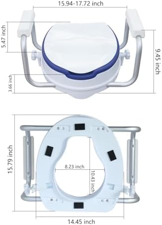 Raised Toilet Seat Risers for Seniors, Padded Elevated Toilet Seat with Handles, 5 Inch Height, Support to 300 LBS, White, Blue