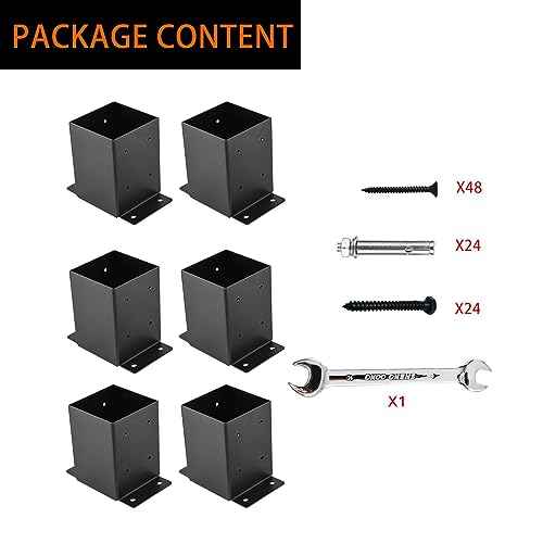 4x4 Post Base, Post Brackets(Inner Size 3.6"x3.6")£¬Black Powder Coated Heavy Thick Steel Fence Post Anchor for Deck Porch Handrail Railing Fence Plate Pergola Support(6 PCS)¡¦¡¦
