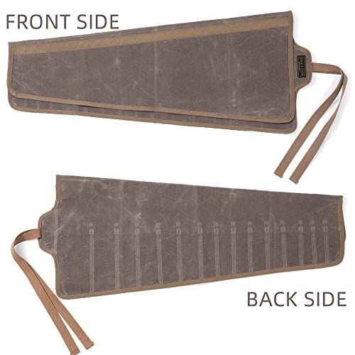 Tool Roll Up Organizer Bag, Heavy Duty 16oz Waxed Canvas Wrench Roll Up Bag with Straps, Multi-Purpose Tool Pouch (Grey)