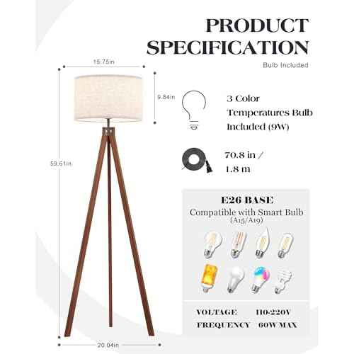 ELYONA Solid Wood Tripod Floor Lamp with 3 Color Temperatures LED Bulb, Mid Century Modern Reading Standing Light Nature Linen Shade Tall Night Light for Bedroom Living Room Office Study Room, Brown