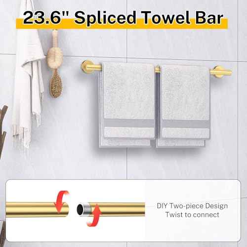 Brushed Gold Bathroom Hardware Set 5 Pieces Towel Bar Set Round Towel Holder Set for Bathroom,Upgraded Toilet Paper Holder with Shelf,Stainless Steel Wall Mounted 23.6 Inch