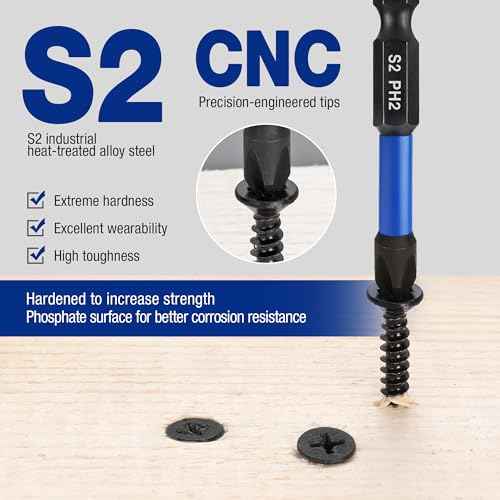 WORKPRO 12pcs PH2 Impact Phillips Screwdriver Bit Set, CNC Machined S2 Steel Tips with Magnetism, 1/4" Hex-Shank Driver Bits, 2" Long Impact Screwdriving Bits with Storage Box