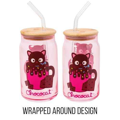 Silver Buffalo Sanrio Hello Kitty & Friends Chococat Chocolate Pink Glass Jar Tumbler with Bamboo Lid and Glass Straw, 16 Ounces