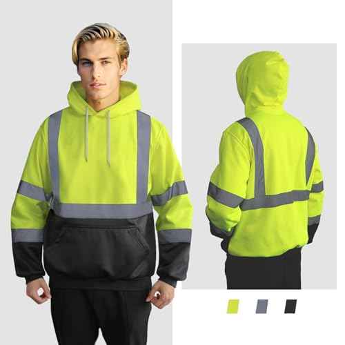 Hi Vis Hoodie for Men Safety Hoodies for Men Reflective with Black Bottom, High Visibility Hoodie for Men with Construction Worker, Meets ANSI, Yellow-JRWY-XL