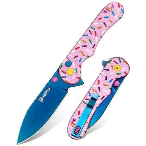 NedFoss DONUT Pink Pocket Knife for Women Men, 2.9" Blade Small EDC Knife, 14C28N Steel Button Lock Knife, Unique Donut Design G10 Handle Folding Knives