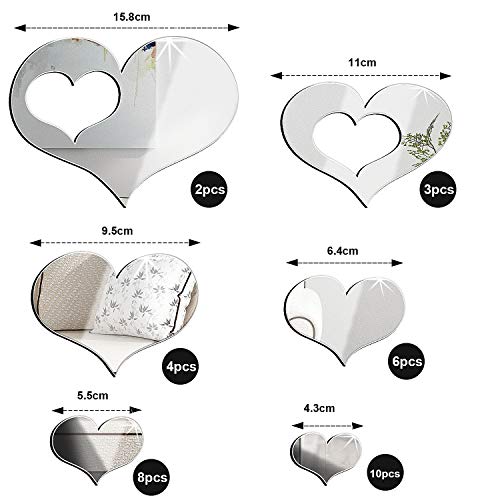 Shappy 33 Pcs Removable Acrylic Heart Mirror Wall Sticker Love Heart Mirror Tiles Decal for Home Bedroom Living Room Bathroom Kitchen Wedding Decor