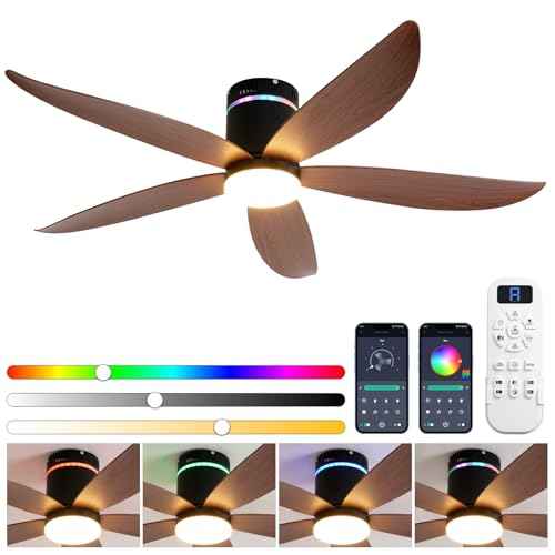 Carrefour 52" Flush Mount Ceiling Fans with Lights and Bluetooth Speaker, RGB Mood Lighting, 6-Speed Reversible DC Motor, Dimmable LED, Remote Control & Timer for Bedroom, Living Room, Dining Room