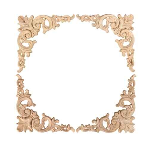 MUXSAM 4-Pack Wood Applique Onlay, Unpainted Wooden Carved Corner Decals, Retro Carvings Embellishments for Door Cabinet Bed Wall Mantel Mirror Wardrobe Cupboard Dresser Upgrade, 10x10cm/3.9x3.9in