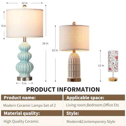 Ceramic Table Lamps Set of 2, Green Modern Bedside 26" Nightstand Lamp 3-Way Dimmable Lamp for Bedroom Living Room Contemporary, Side Table Lamp, Bulbs Included