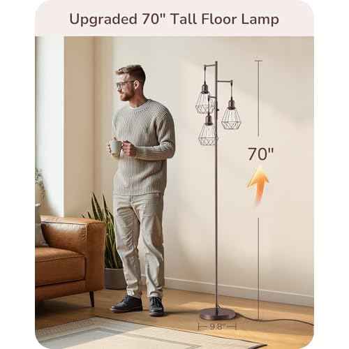 EDISHINE 70IN Industrial Floor Lamps for Living Room, Dimmable Farmhouse Corner Reading Lamp, Diamond-Shaped Lampshade, 3 LED Edison Bulbs Included, Rustic Tree Standing Lamp for Bedroom, Brown
