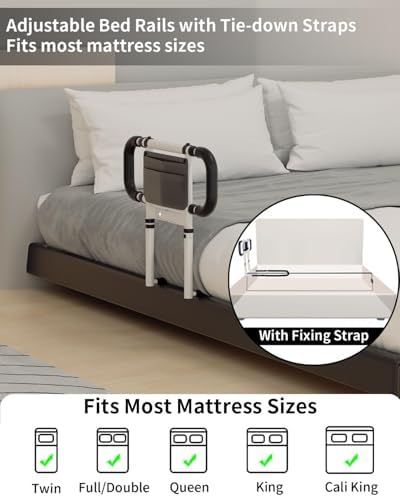 Bed Rails for Elderly Adults Safety: Elderly Assistance Products with Adjustable Double Grips, Storage Pocket, Motion Sensor Light, Items for Elderly Bed Rail, Can Withstand 300lb(White)