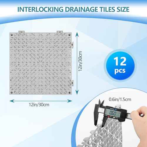 12inx12in Interlocking Drainage Tiles, Premium PVC Non-Slip Floor Mats with Quick-Drain Design for Bathroom, Kitchen, Swimming Pool, Garden,(12 Packs Grey)
