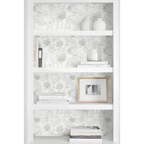 Safiyya Peel and Stick Wallpaper Green and White Floral Contact Paper Peel and Stick Wall Paper Lotus Modern Self Adhesive Removable Wallpaper for Bedroom Covering Vinyl Rolls 17.3" x 78.7"