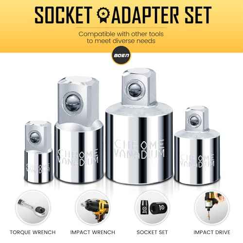 BOEN 4 Piece Socket Adapter and Reducer Set, 1/4", 3/8", 1/2" Drive Socket Adapter Set, SAE Adapter Conversion Set for Impact Driver Wrench, Chrome Vanadium Steel, Full Polished