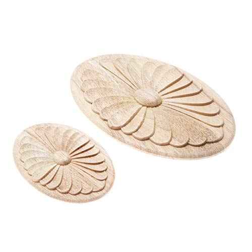 MUXSAM 1Pc Simple Unpainted Solid Wood Carved Oval Flower Pattern Door Central Applique Onlay Decal for Furniture 14.5x10cm