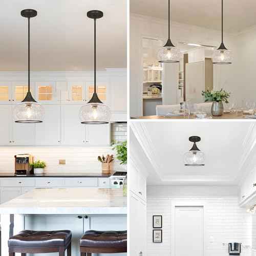 Black Pendant Light - Modern Pendant Lights Kitchen Island with Handblown Glass, Vintage Hanging Light for Kitchen with Adjustable Height, Lithging Fixture for Dining Room Sink