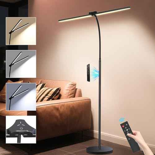 24W/2400LM Dual Head LED Floor Lamp for Office, Ultra Bright Reading Standing Task Lamp, Adjustable Panels with Remote, GooseNeck Lights, Puzzle Light for Tattoo, Piano, Sewing, Lash, Craft