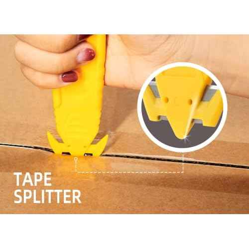 Safety Box Cutter, T TOVIA SK2 Stainless Steel Concealed Blade Package Opener with Tape Splitter for Cartons, Cardboard, Wrap, Straps, Film (5 Pieces - Yellow)