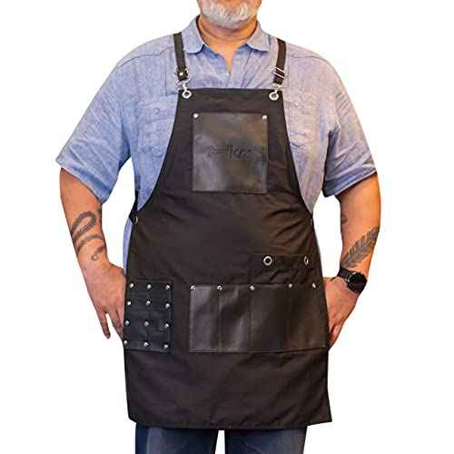 ikAS Canvas Apron for Men - Black Crossback Work Apron with Pockets - Adjustable Cotton Canvas for Hairdressers, Barbers, Artists, Cooking, Woodworking,Carpenters