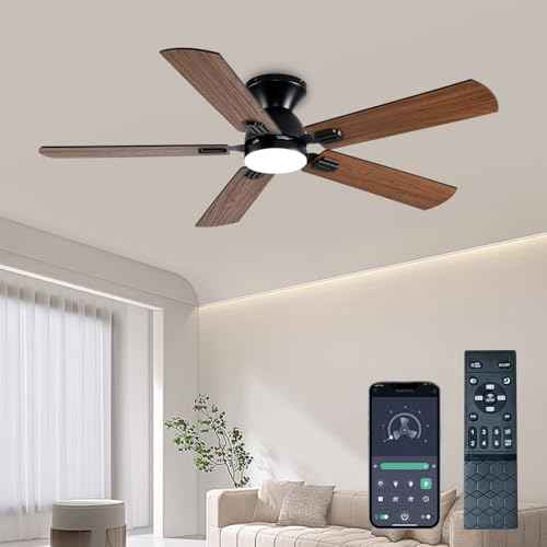 Ceiling Fans with Lights, 52 Inch Low Profile Ceiling Fan with Light and Remote, Flush Mount Ceiling Fan, 3CCT, Dimmable, Noiseless, Ceiling Light Fan for Bedroom, Indoor/Outdoor Use,Brown