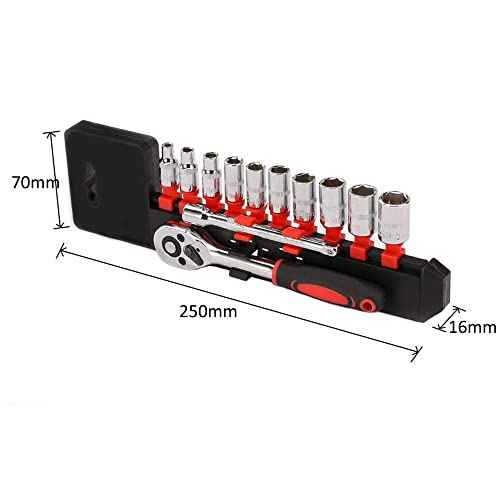 1/4¡± Ratchet Socket Wrench Set, Mechanic Tool Kit and Sockets Set with Quick Release Reversible Ratchet Handle and Extension Bar, 12 Pcs Set