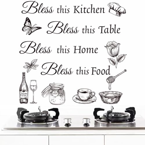 Kitchen Wall Stickers Dining Room Decals Decor Bless This Kitchen Wall Decal Thankful Grateful Blessed Quote Utensil Art Decorations for Home Coffee Shop Wall Decor