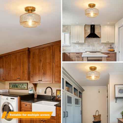 Semi Flush Mount Ceiling Light, Vintage Small Ceiling Light Fixture, Thickened Glass Hallway Lighting Fixture, Brass Kitchen Ceiling Mount Lighting with Amber Glass for Bedroom, Bathroom, Porch
