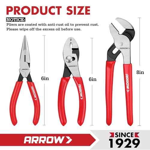 ARROW 3PCS Pliers Set, 6" Needle Nose Pliers, 6" Slip Joint, 8" Groove Joint with Non-slip Handle, Premium Carbon Steel, for Daily Repair & Home Maintenance
