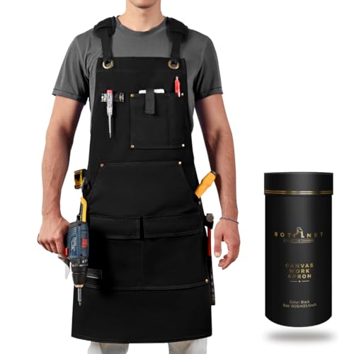 ROTANET Woodworking Apron for Men, Canvas Work Aprons Waterproof Heavy Duty Tool Pockets for Shop Carpenter Woodworkers Gifts