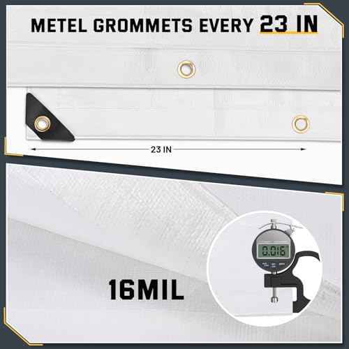 Kesfitt Tarp Heavy Duty Waterproof 12x20FT,16 Mil Thick Tarps Tear&Fade Resistant,UV Resistant,Poly Tarp Cover with Grommets and Reinforced Edges for Outdoor Camping Pools Boat Car(White)