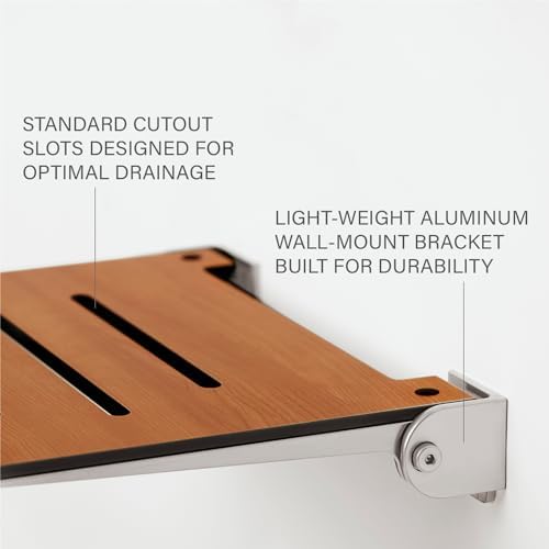 Seachrome 18 inch Silhouette Slimline Folding Wall Mount Shower Bench Seat, Teak Seat with Silver Frame