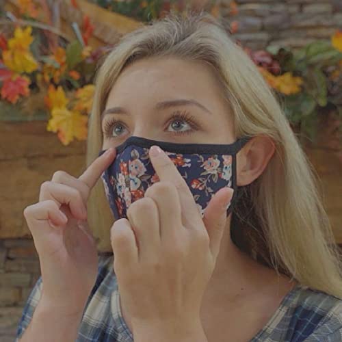3PCS Floral Face Mask - Outter Navy Blue Inner White Cotton - Reusable Cloth Comfy Breathable Material - for Outdoor Half Face Protections - Cute Face Protections for Women Man