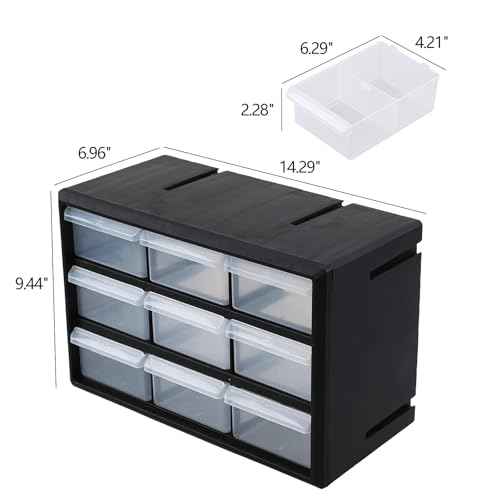 9-Drawer Plastic Parts Storage Cabinet, Drawer Part Organizer, Black