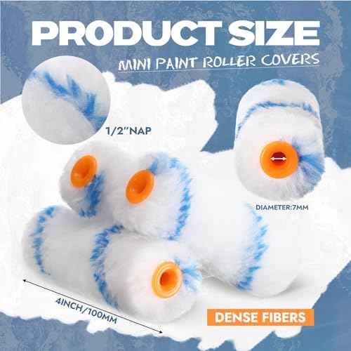 Leumoi 300 Pcs 4 Inch Mini Paint Roller Cover 1/2" Nap Small Microfiber Roller Covers Home Repair Tools House Household Supplies Kit(Blue, White)