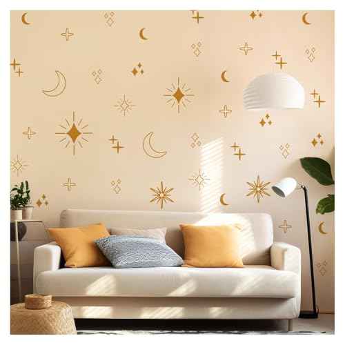Large Gold Star Moon and Sun Wall Decal, Vinyl Starburst Wall Stickers Decor, Boho Wall Decals Peel and Stick for Kids Bedroom Home Nursery Classroom Decoration