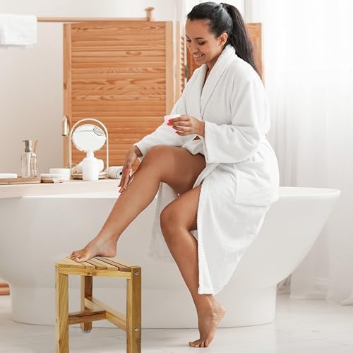 Teak Shower Stool, Teak Shower Bench, 12'' Shower Foot Rest for Shaving Legs, Waterproof Corner Shower Bench, Organizer Stool, Corner Seat for Bathroom Livingroom