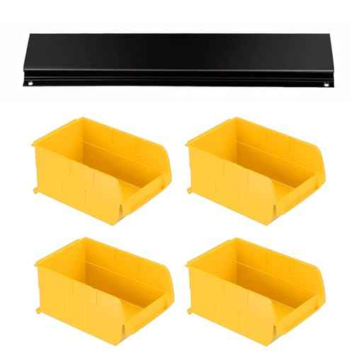 Garage Storage Rack with 8 Bin Wall Mounted Parts Storage Bin 2 Rails Hardware Organizers for Workshop Garage Shop (Yellow)