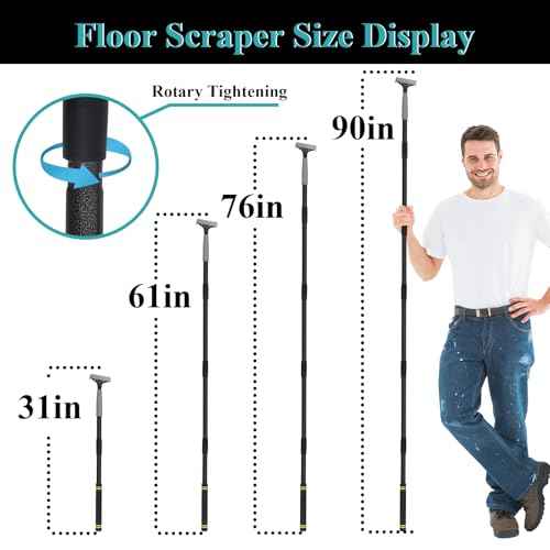 Floor Scraper Long Handle,16 to 90In 4 inch Heavy Duty Razor Blades Floor Scraper with 10PC Blades Sponge Handle Iron Tube Scraper for Cleaning Quick and Easy Removal Price Stickers