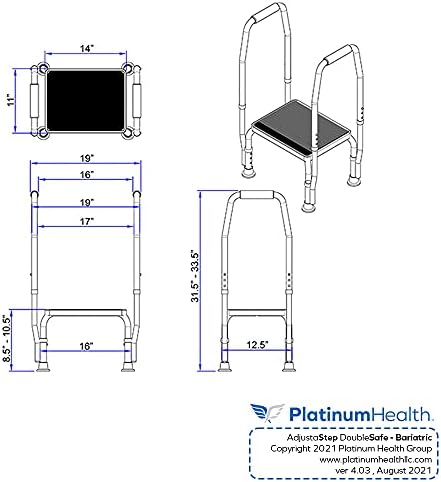 Platinum Health AdjustaStep(tm) Bariatric DoubleSafe Deluxe Step Stool/Footstool with Dual Handle/Handrail, Height Adjustable. Modern White/Blue Design. Padded Non-Slip Hand Grips