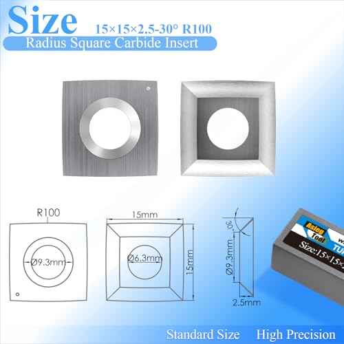 Asieg Tool 15x15x2.5mm-R100 Tungsten Carbide Cutter Inserts Knives Blade with 4" Face Radius fit for Woodworking Helical Planer Head DIY Wood Lathe Turning Rougher Tools 10pcs