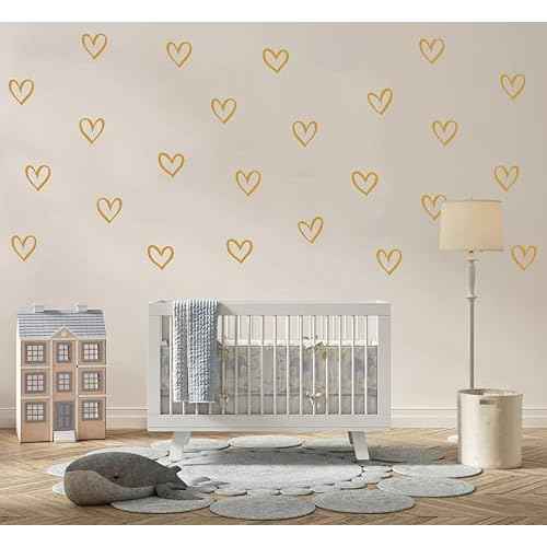 56pcs Set Heart Wall Stickers 4 Different Shapes of Hearts Hand Drawn Heart Decals Nursery Wall Decor Kids Room Wall Art Wall Decals Easy to Stick Y88 (Gold)