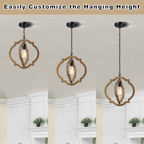 2-Pack Farmhouse Pendant Light Fixtures, Wood Grain Hanging Lights for Kitchen Island, Adjustable Height, E26 Base, Sloped Ceiling Compatible, Rustic Ceiling Light