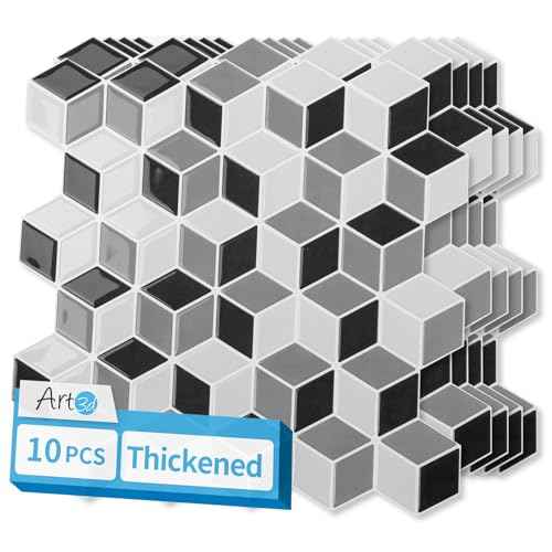 Art3d 10-Sheet Peel and Stick Backsplash Tiles, 12x12 Inch Self-Adhesive 3D Wall Tiles for Kitchen, Bathroom, Countertop - Thickened Waterproof Design (White & Black)