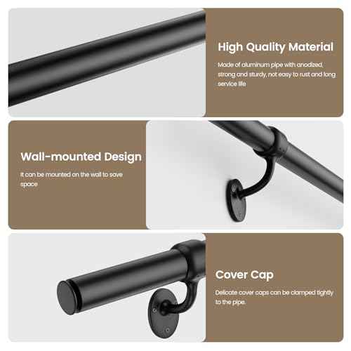 Stair Railing Indoor 6 Feet Hand Rails for Indoor/Outdoor Steps 1.5" Round Porch Railing Wall Mount Aluminum Hand Rails for Indoor Stairs Industrial Staircase Handrails
