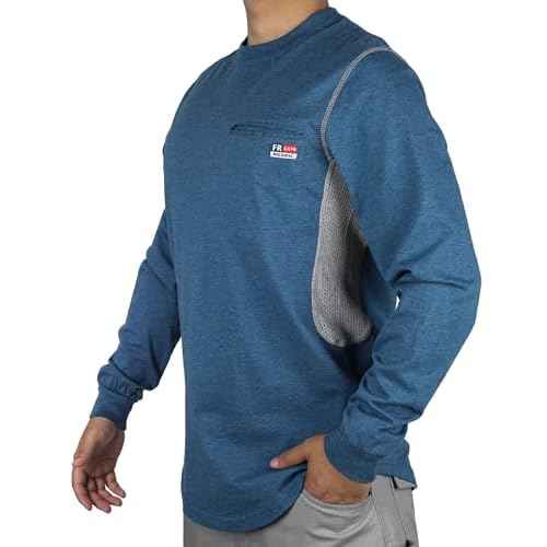 BOCOMAL FR Shirts for Summer Breathable Vented Design 6oz Heather Jersey Flame Resistant Long Sleeve Crew T Shirt