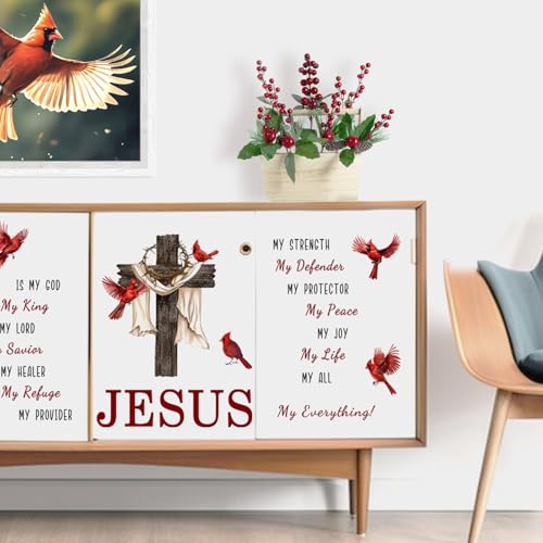 Yovkky Christian Cross Cardinal Memorial Wall Decals Stickers, Religious Red Birds Jesus is My God Home Bedroom Decor, Bible Verse Quotes Living Room Kitchen Decorations Art