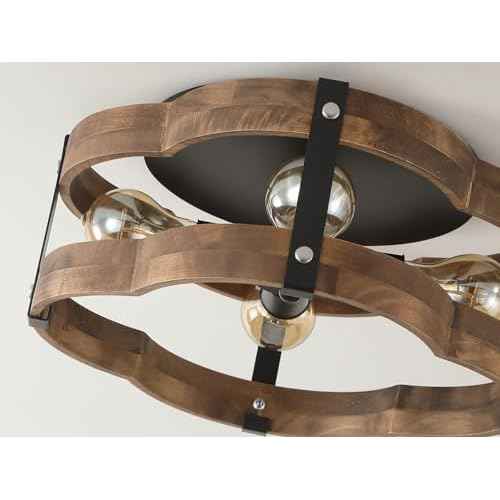 4-Light Rustic Farmhouse Wood Flush Mount Ceiling Light Fixture 14.17 inch Oak Wood and Metal Cloud Cage Semi Flush Mount Ceiling Light for Hallway Hall Entry Bedroom Farmhouse Indoor, Black