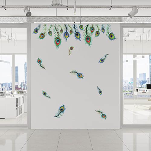 PLIGREAT 9 Pcs Peacock Eyes Feathers Wall Stickers, Removable Vinyl Peel and Stick Wall Decals for Living Room Bedroom Office Home Indoor DIY Wall Art Decor TV Background Wall Decoration