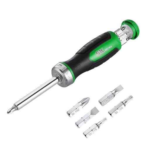 SK 7-in-1 Ratcheting Screwdriver, 216-P, 6 Bits (Phillips, Star, Slotted), 1 Nut Driver Size (1/4 Inch), S2 Steel, SureGrip Handle
